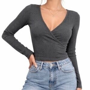 Aerie Faux Wrap Waffle Knit V-neck Shirt Women XS